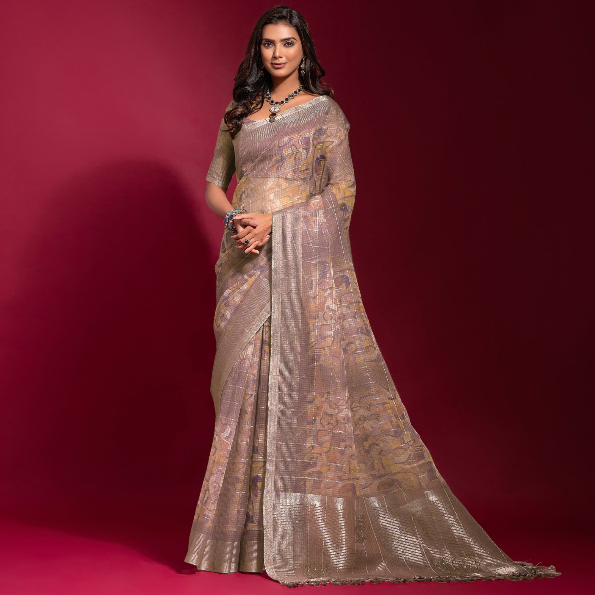 Mauve Digital Printed With Zari Work Linen Saree