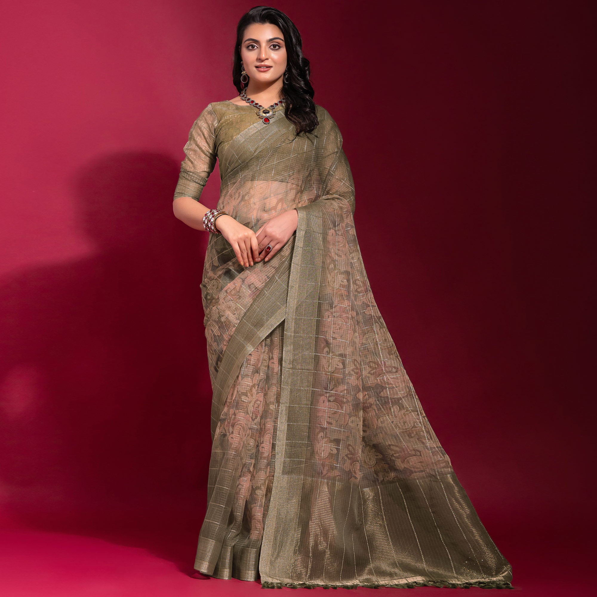 Olive Digital Printed With Zari Work Linen Saree