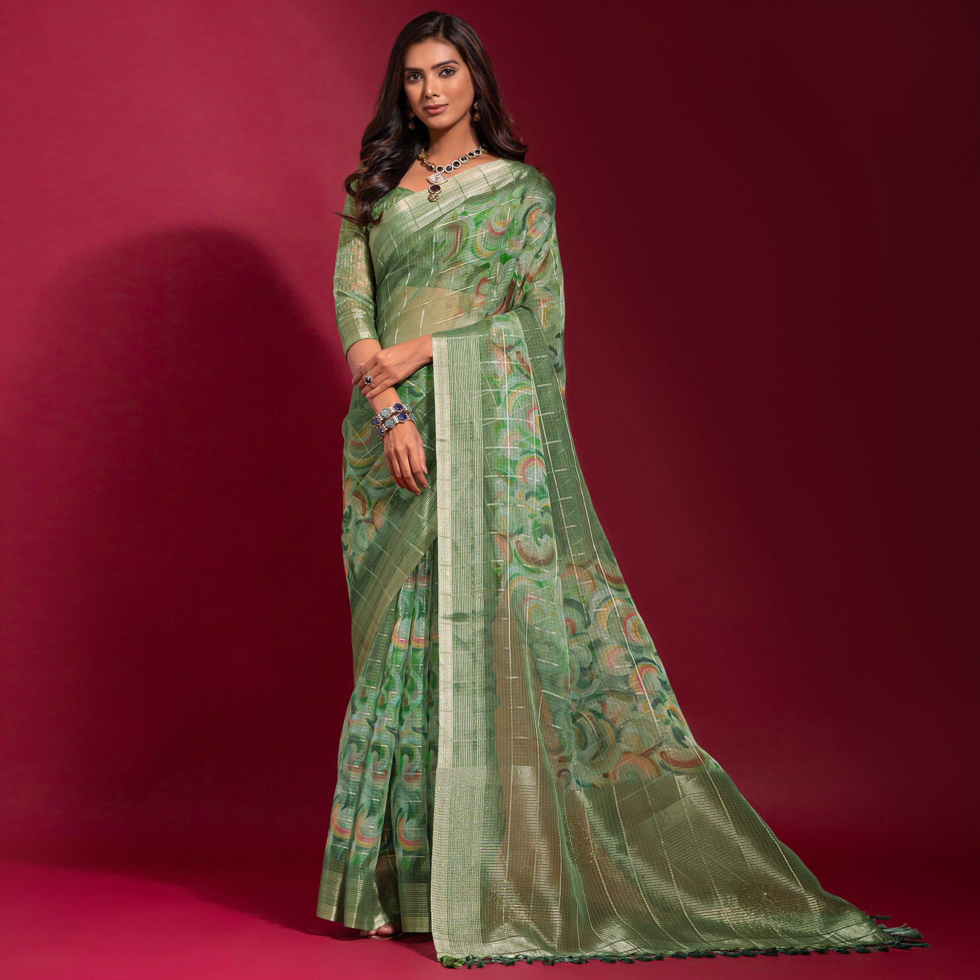 Green Digital Printed With Zari Work Linen Saree