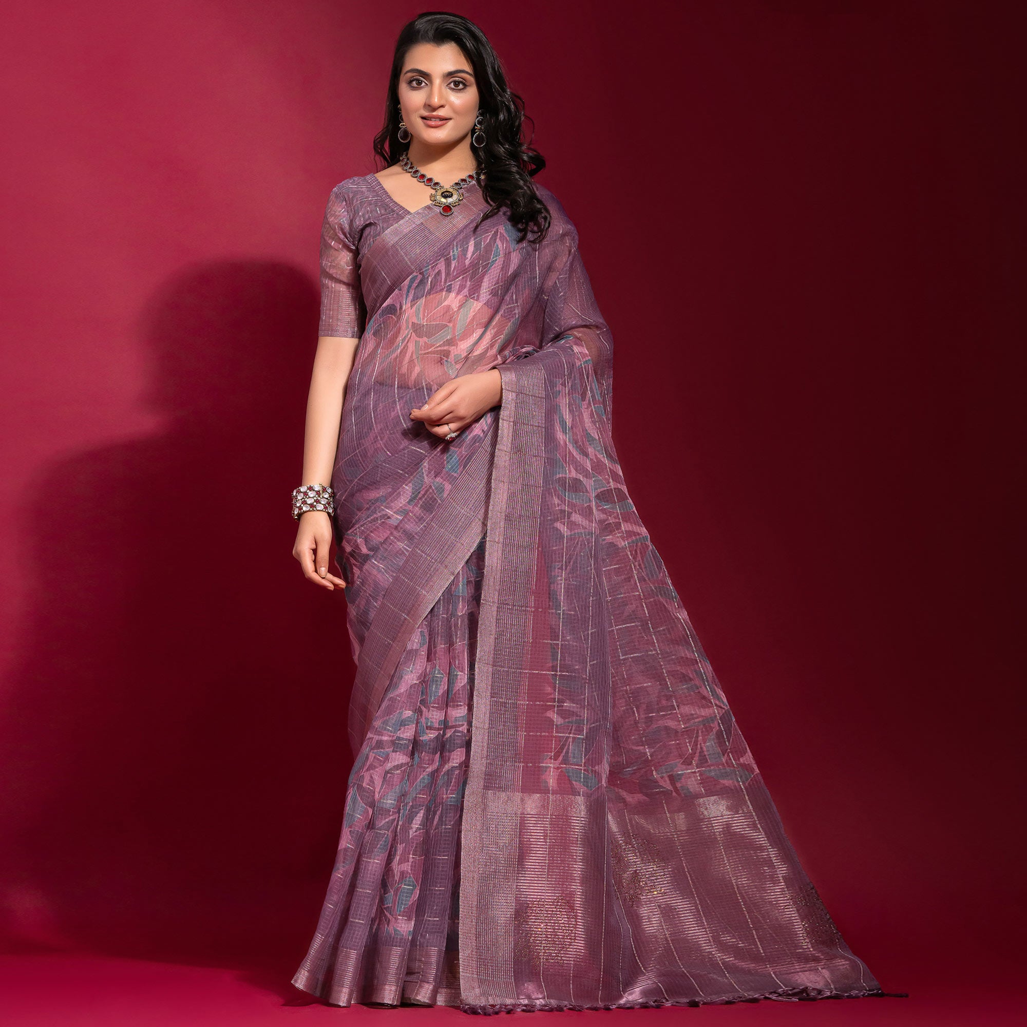 Purple Digital Printed With Zari Work Linen Saree