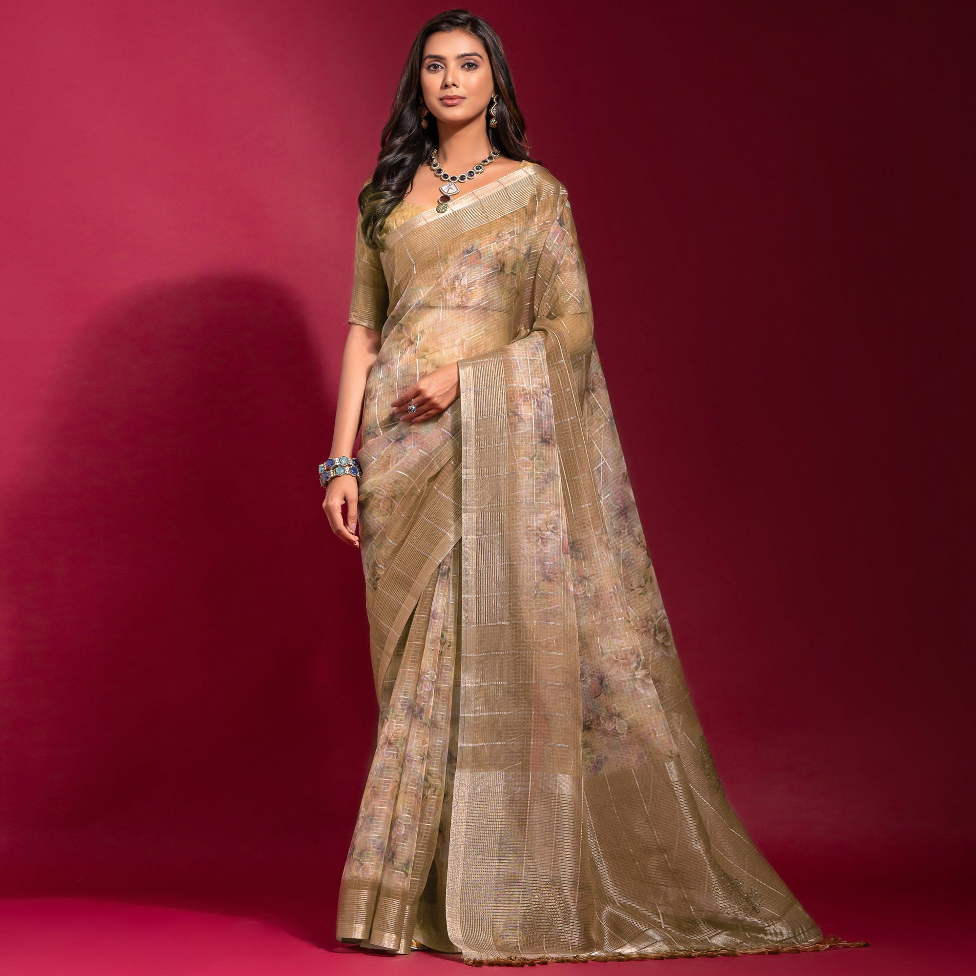 Brown Digital Printed With Zari Work Linen Saree