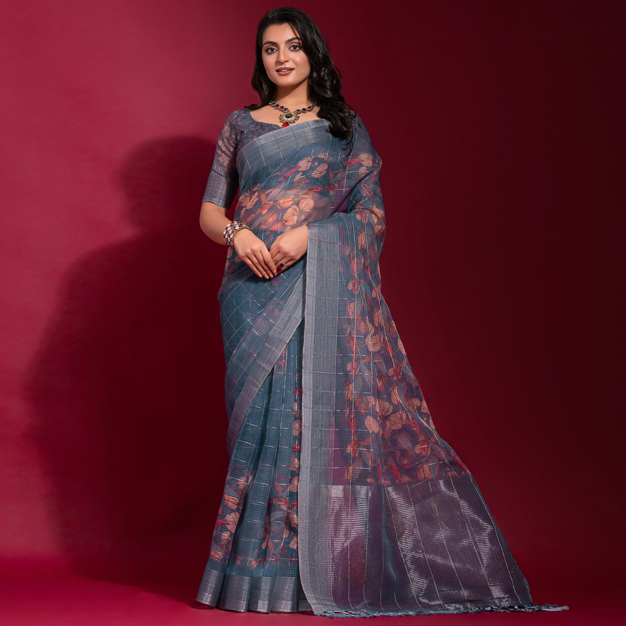 Blue Digital Printed With Zari Work Linen Saree