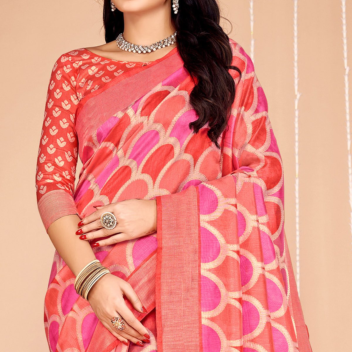 Salmon Pink Printed Tussar Silk Saree