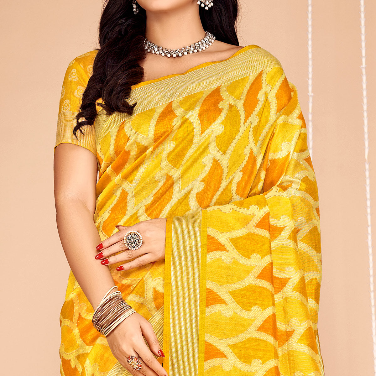 Yellow Printed Tussar Silk Saree