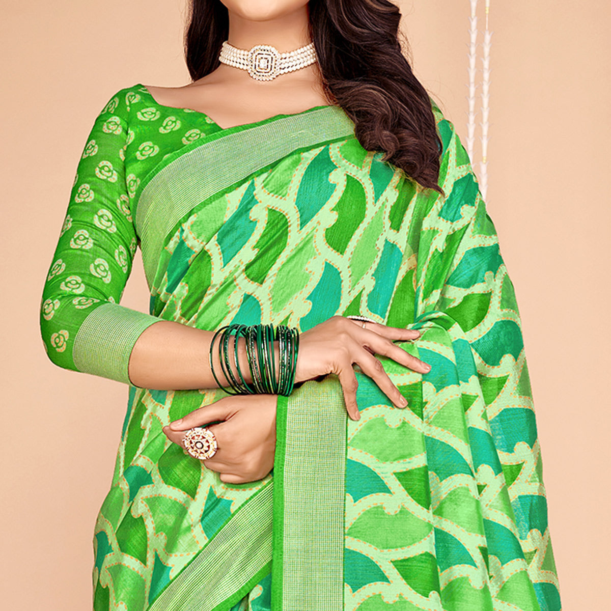 Green Printed Tussar Silk Saree
