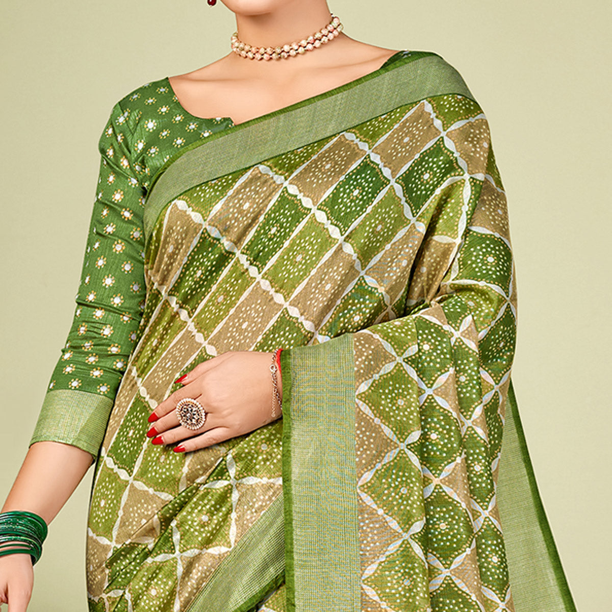 Olive Green Printed Tussar Silk Saree
