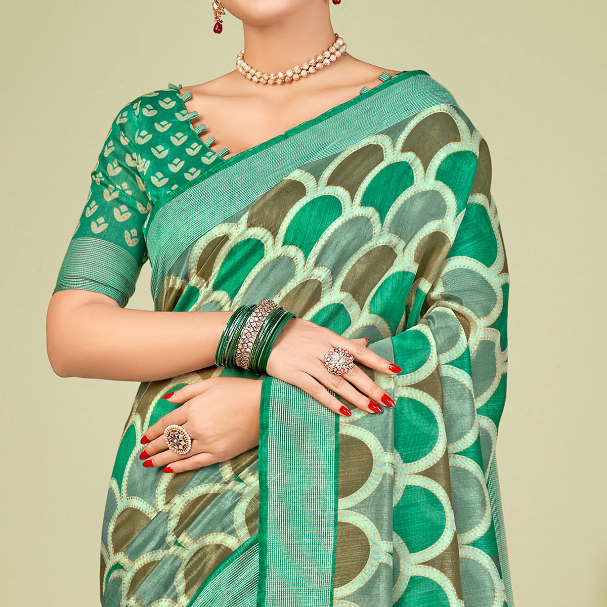 Green Printed Tussar Silk Saree