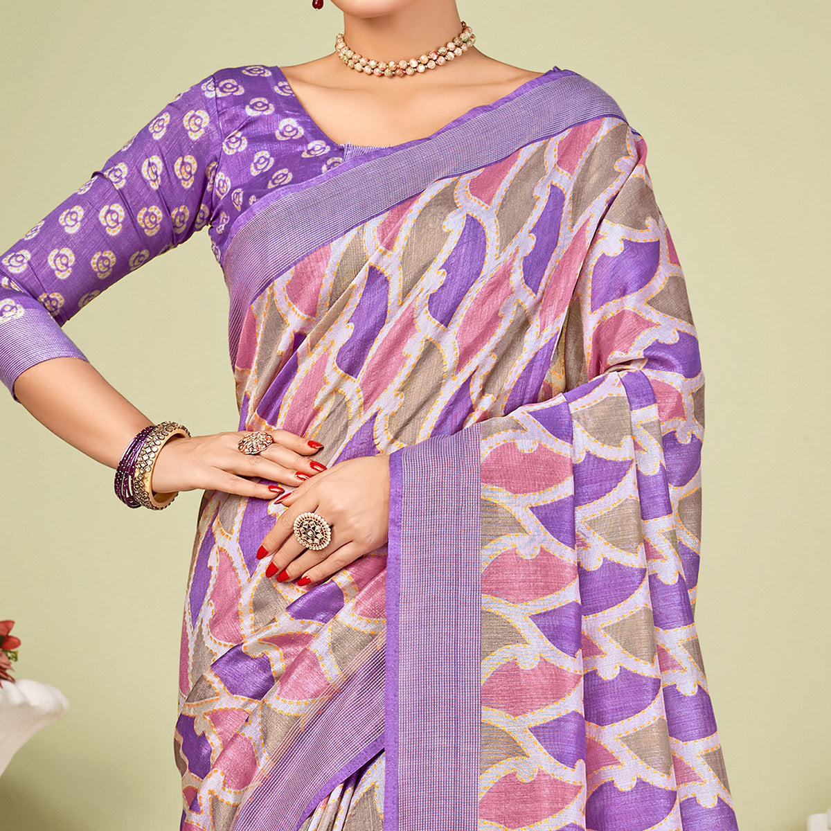 Lavender Printed Tussar Silk Saree