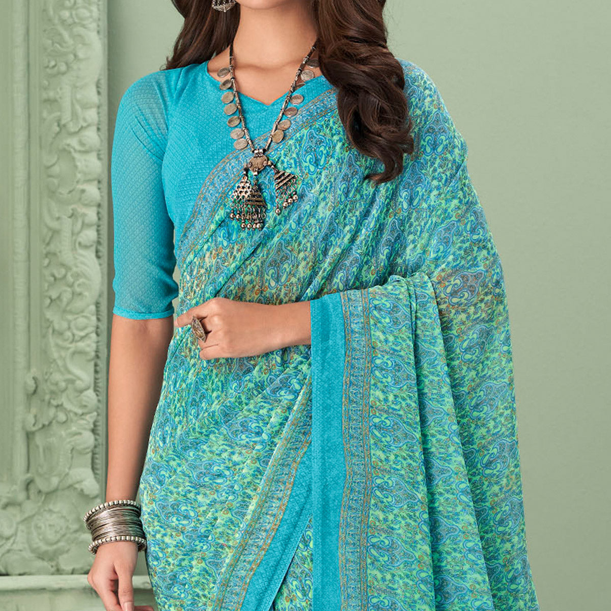 Blue Printed Georgette Saree