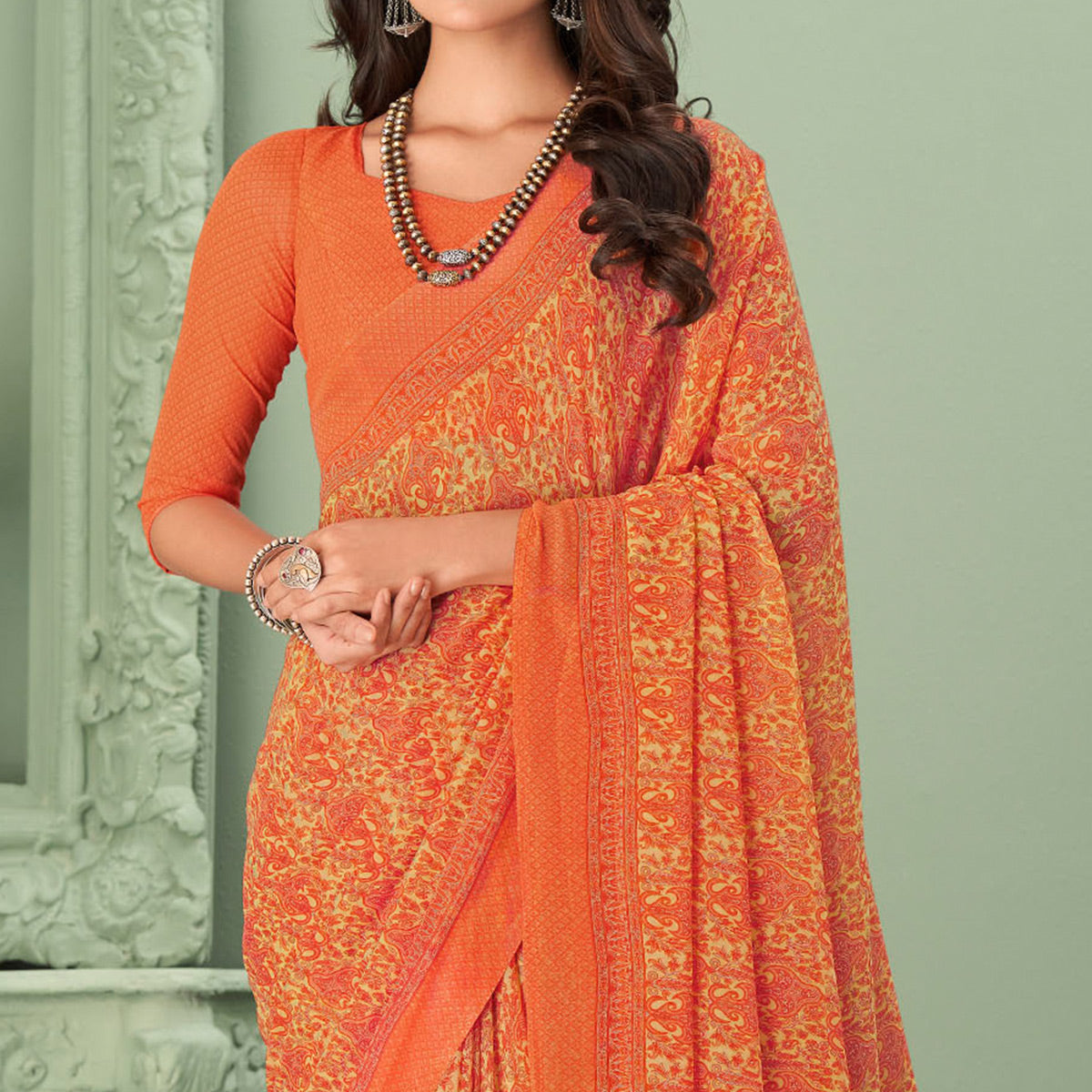 Orange Printed Georgette Saree