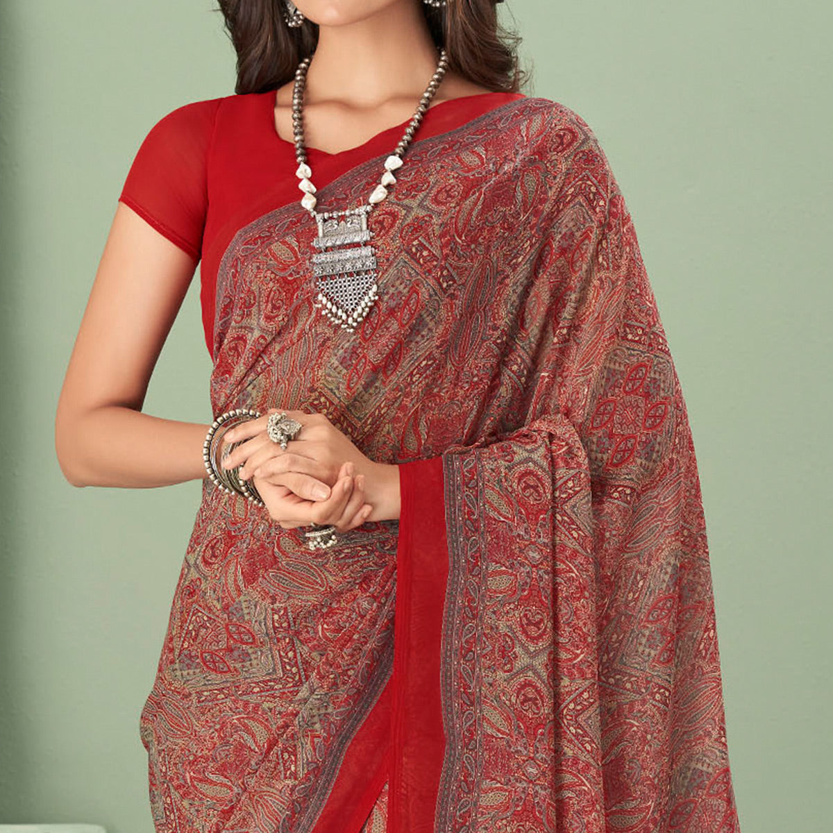 Red Printed Georgette Saree