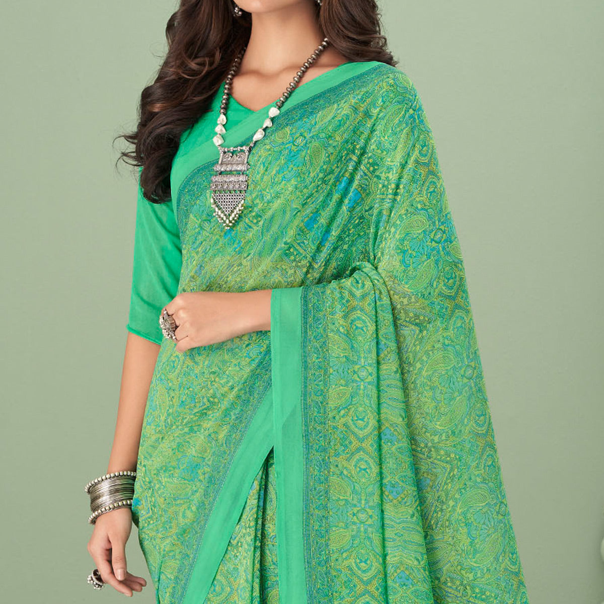 Sea Green Printed Georgette Saree