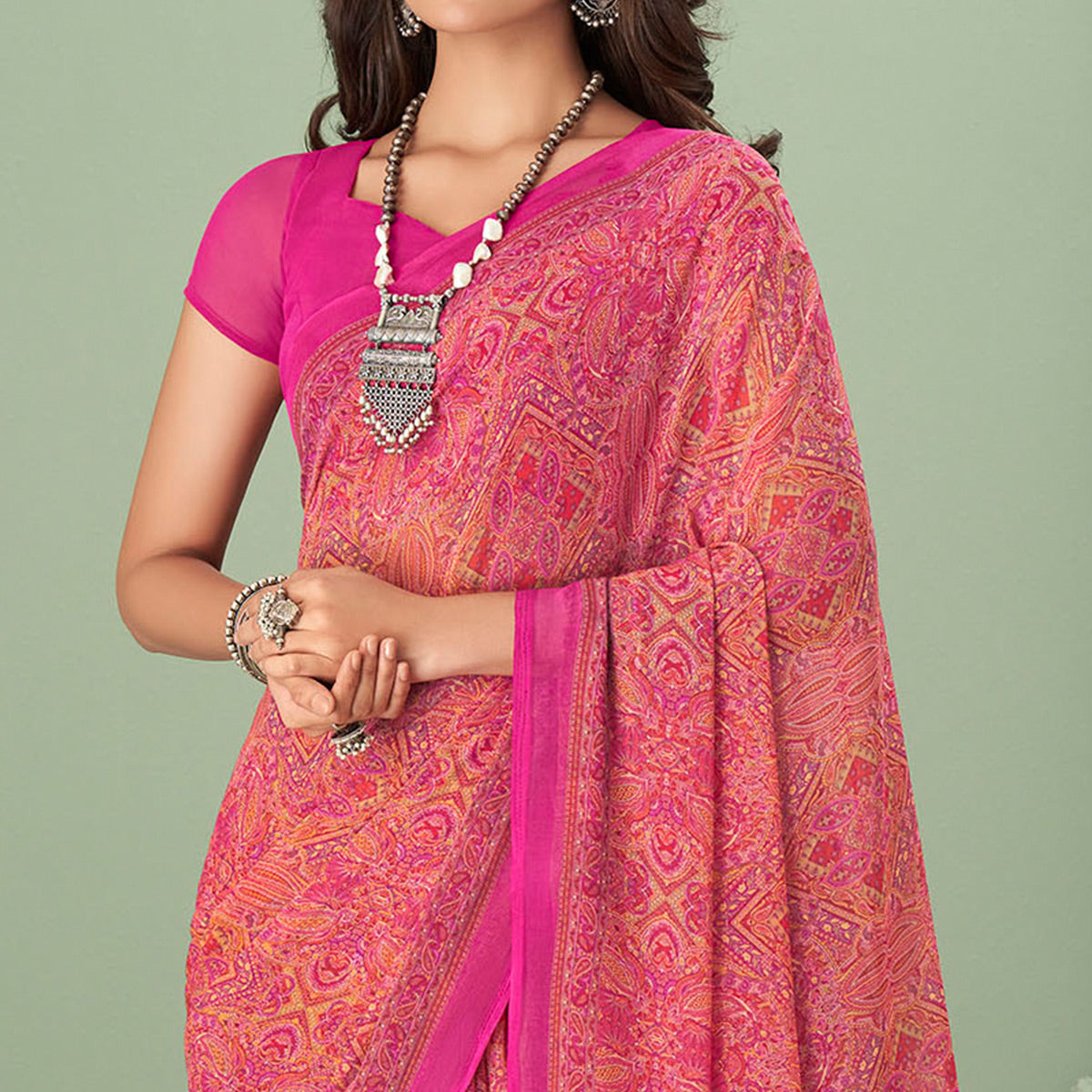 Pink Printed Georgette Saree