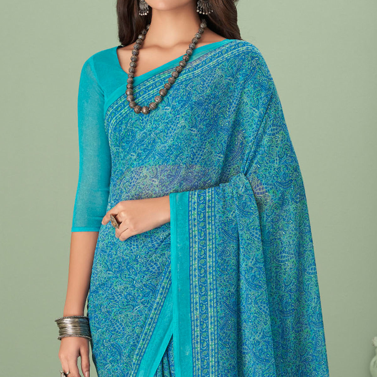 Blue Printed Georgette Saree