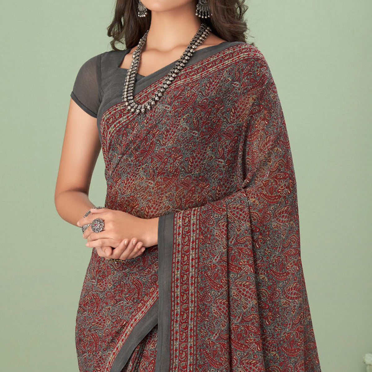 Grey Printed Georgette Saree