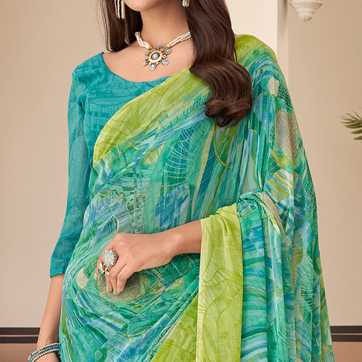 Turquoise Geometric Printed Georgette Saree