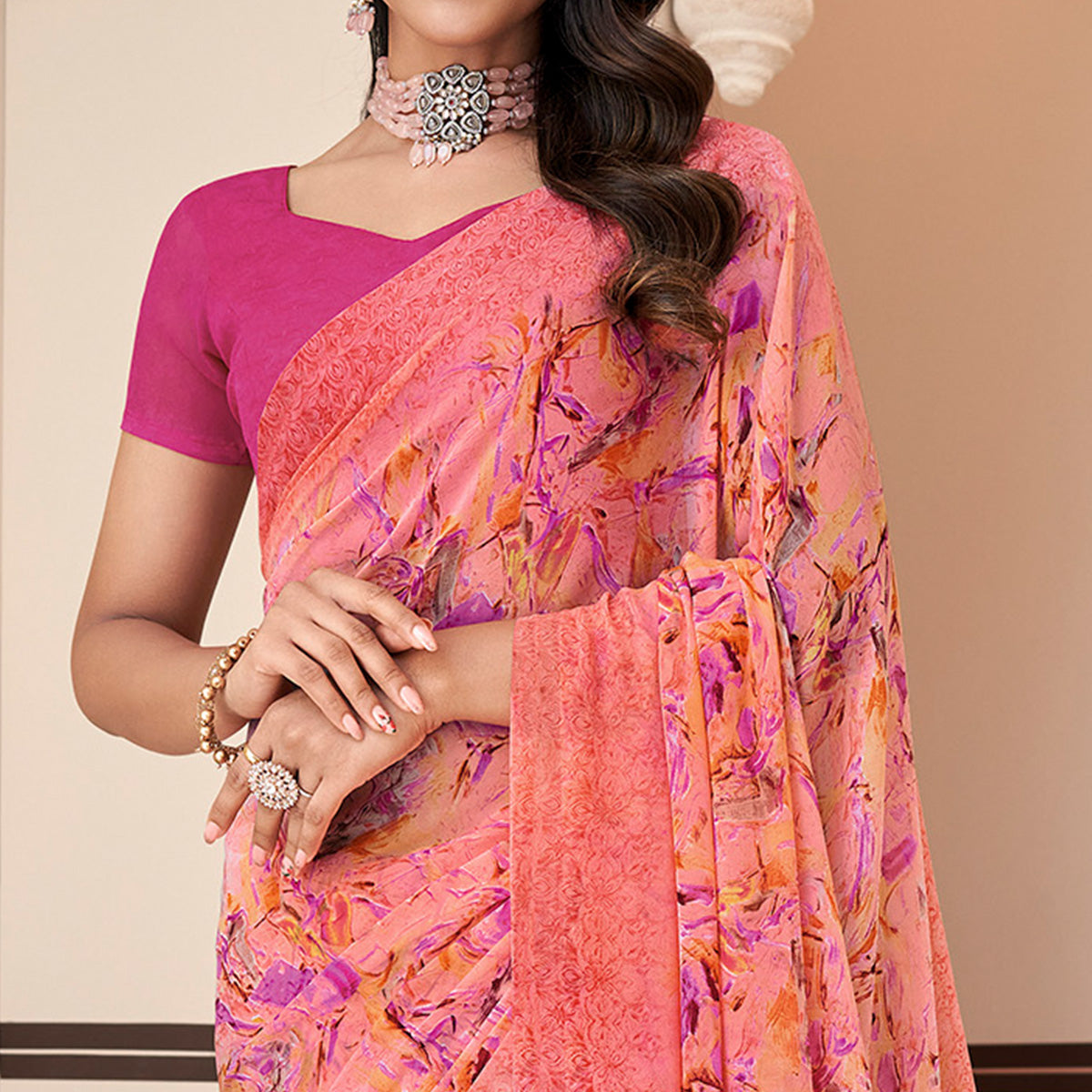 Peach Printed Georgette Saree