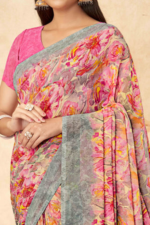 Pink Floral Printed Georgette Saree