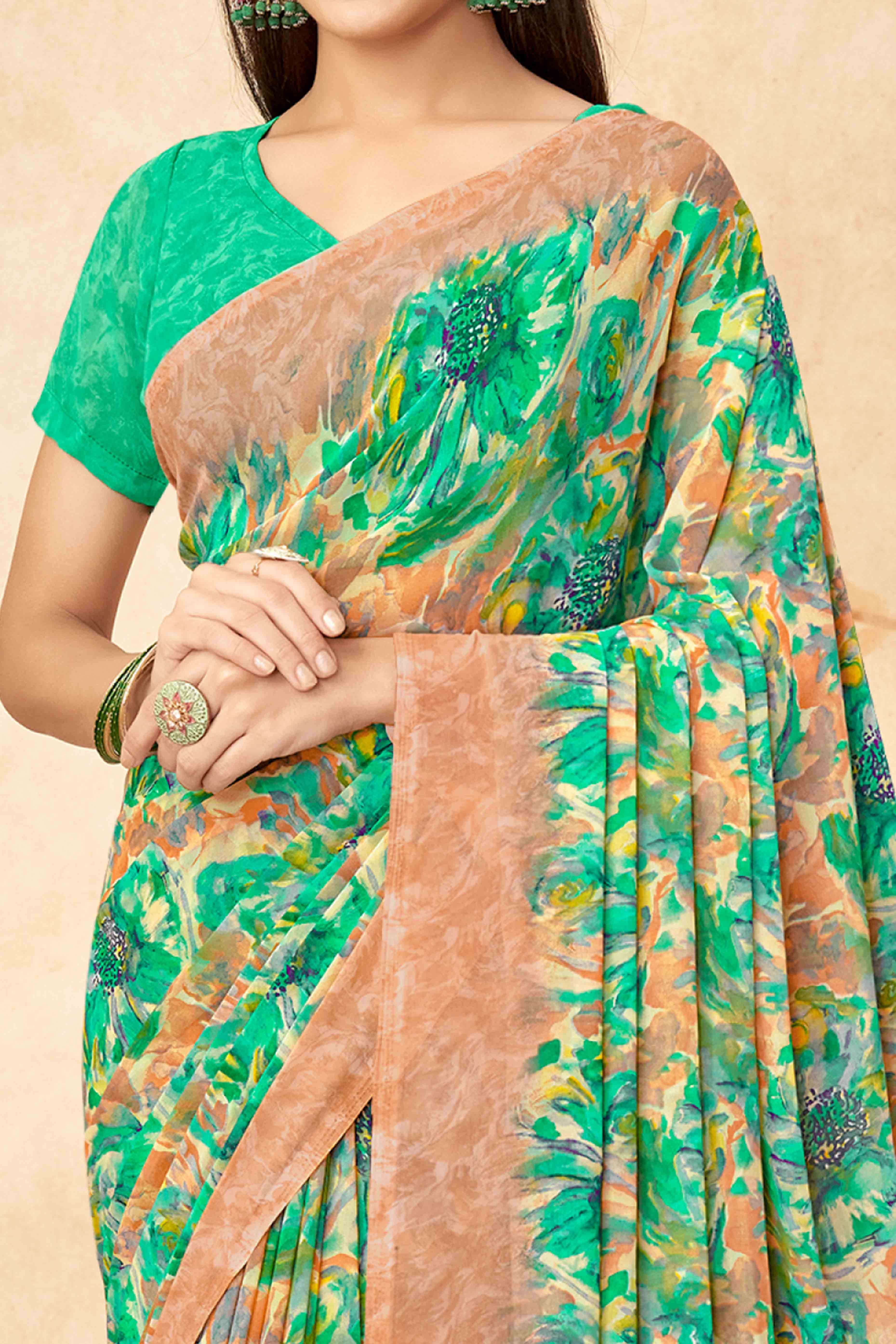 Green Floral Printed Georgette Saree