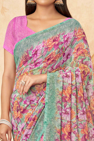 Pink Floral Printed Georgette Saree