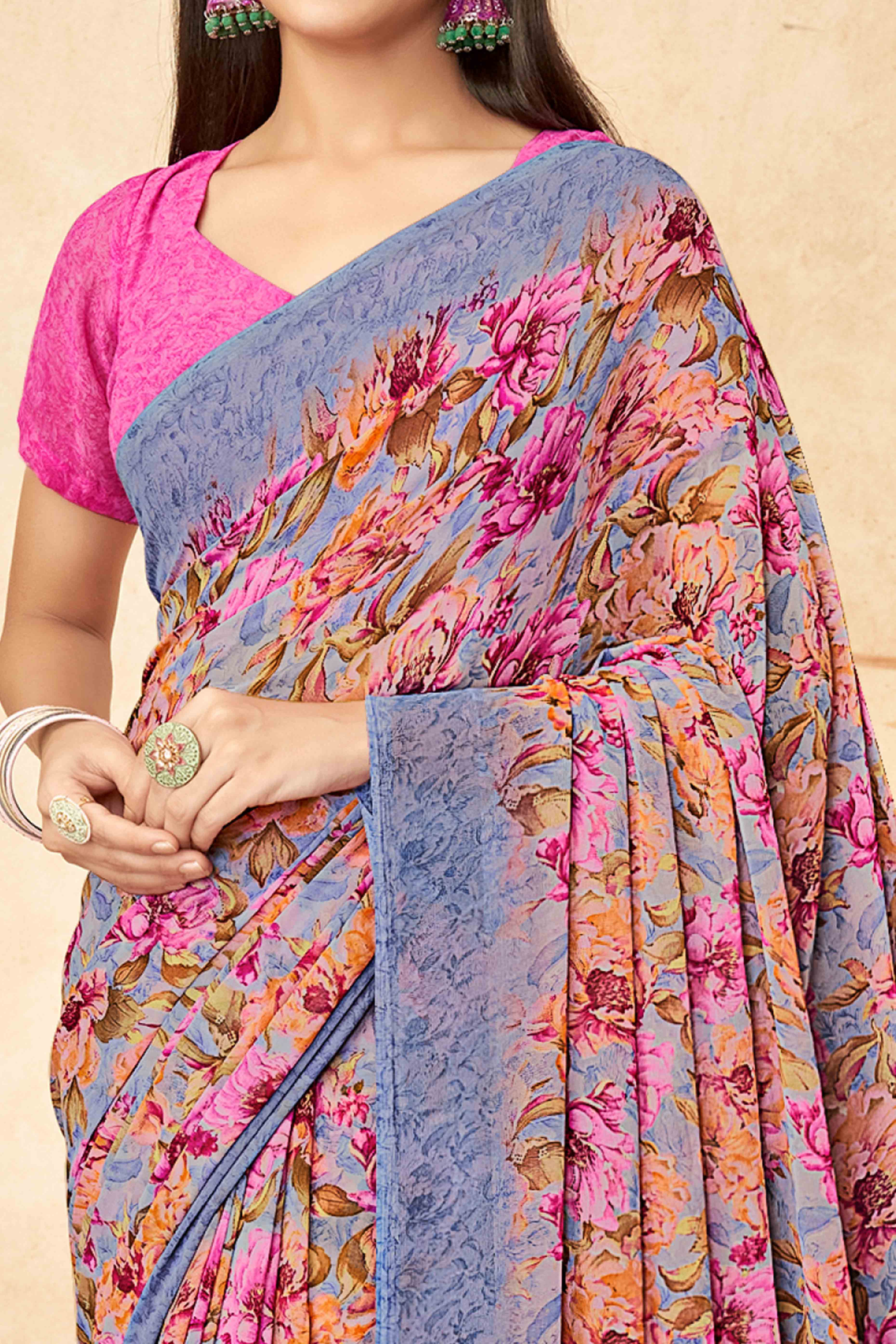Grey Floral Printed Georgette Saree