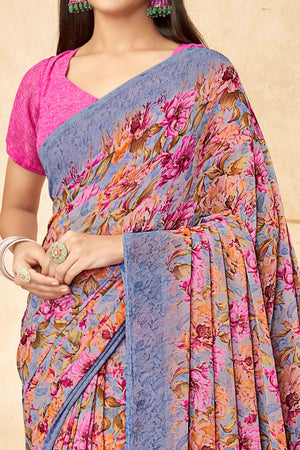 Grey Floral Printed Georgette Saree