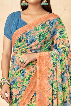 Peach Floral Printed Georgette Saree