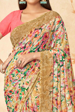 Beige Floral Printed Georgette Saree