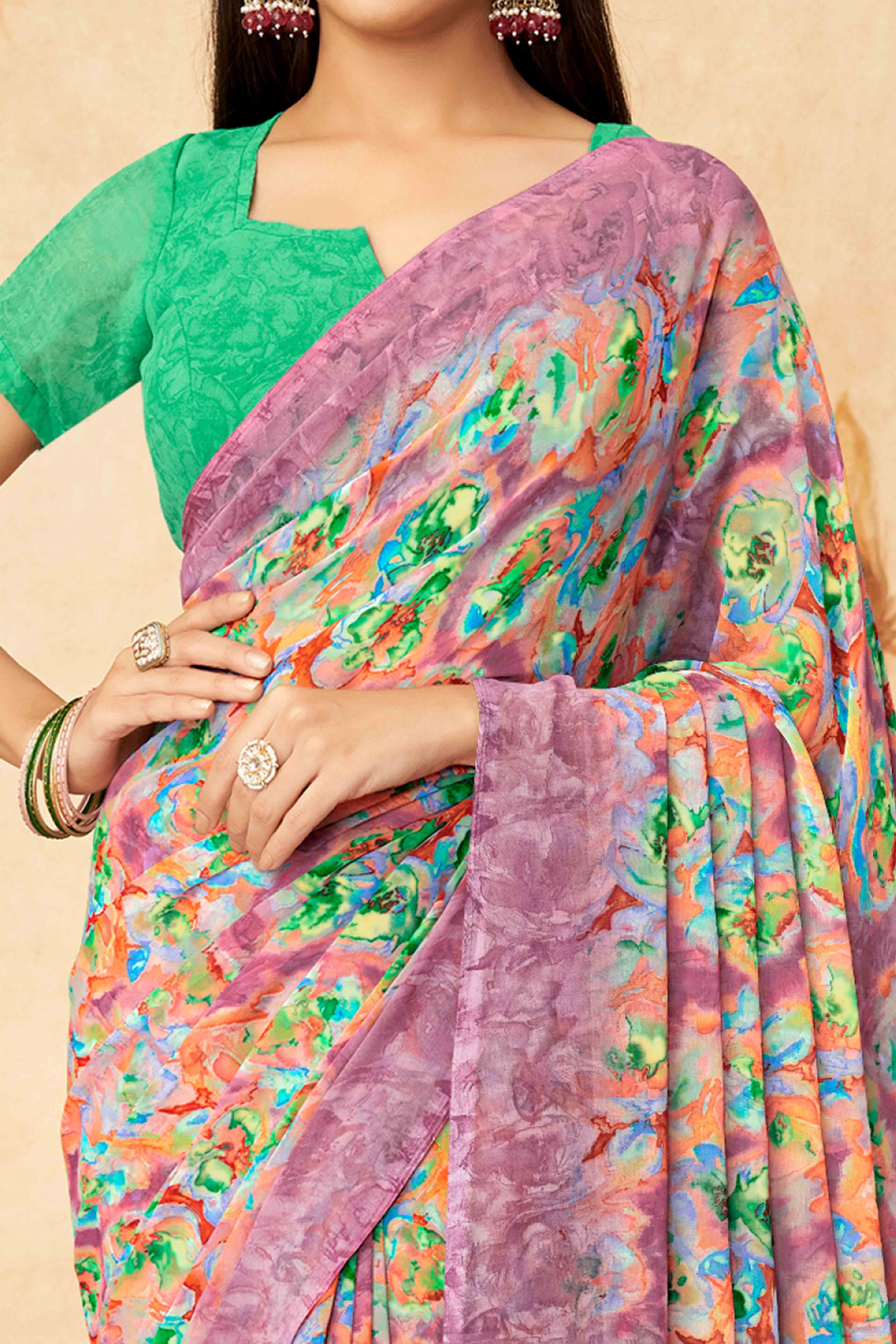 Purple Floral Printed Georgette Saree