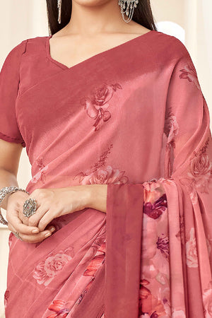 Coral Pink Georgette Saree With Delicate Floral Print