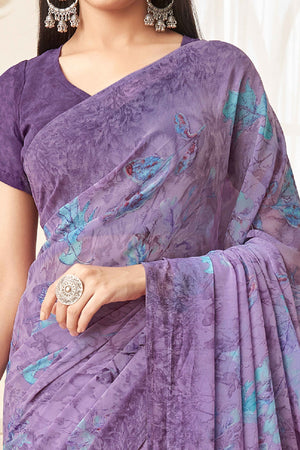 Purple Georgette Saree With Delicate Floral Print