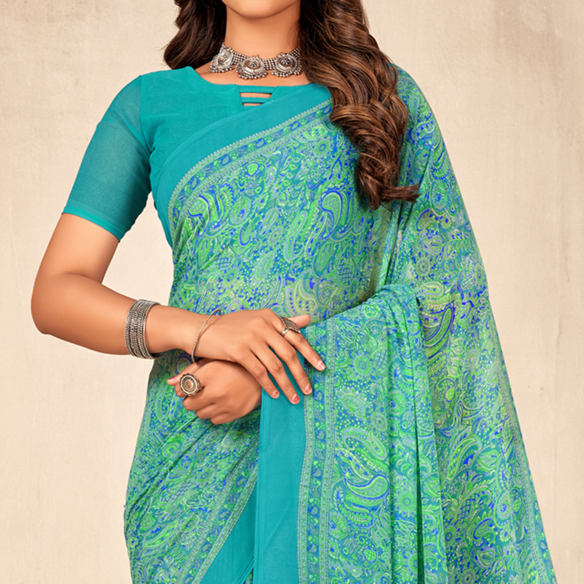 Turquoise Floral Printed Georgette Saree