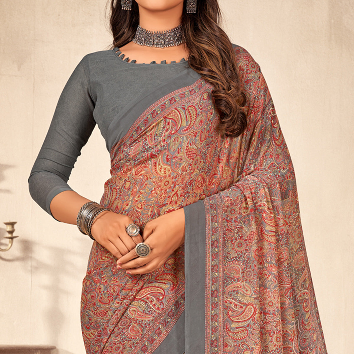 Grey Floral Printed Georgette Saree