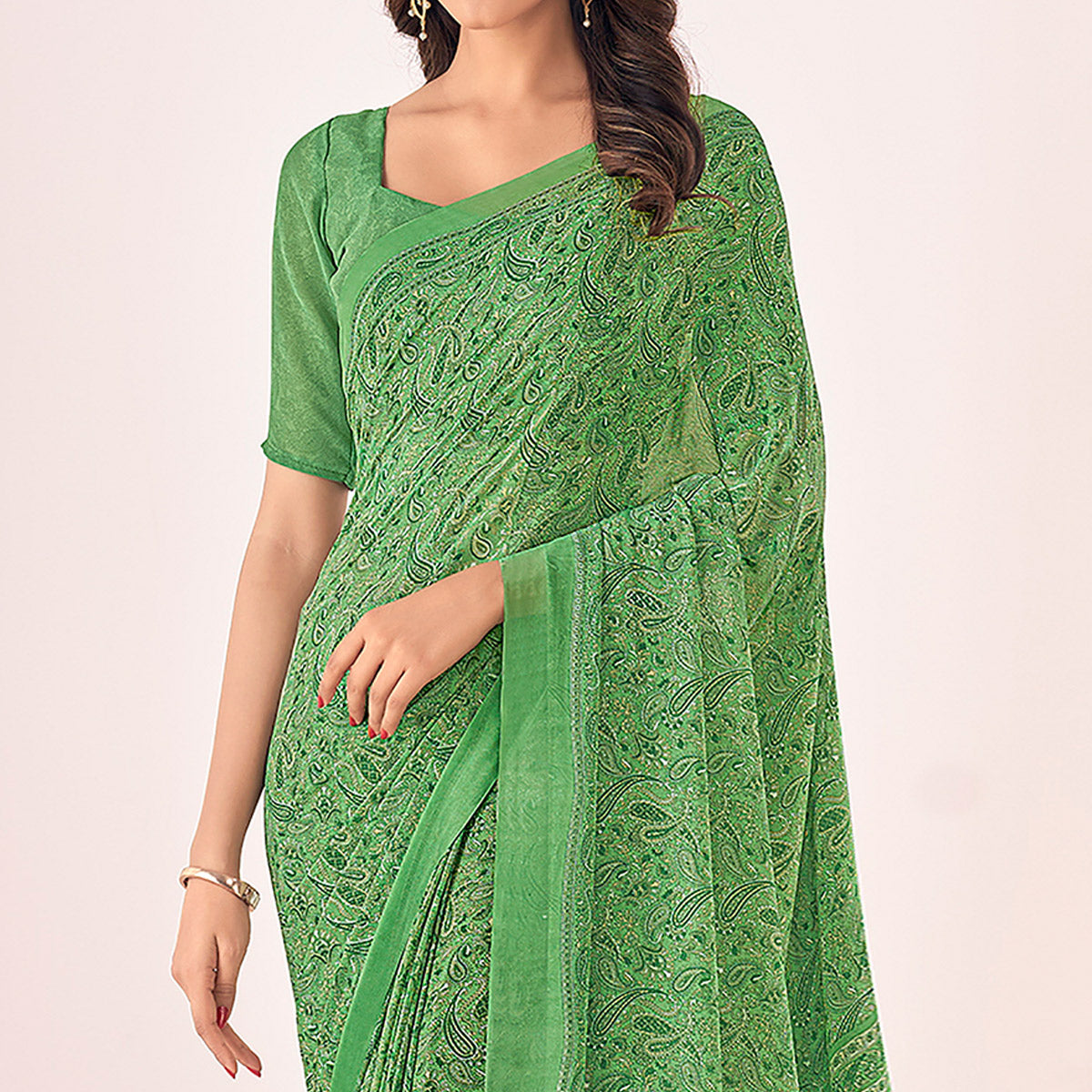 Green Printed Georgette Saree