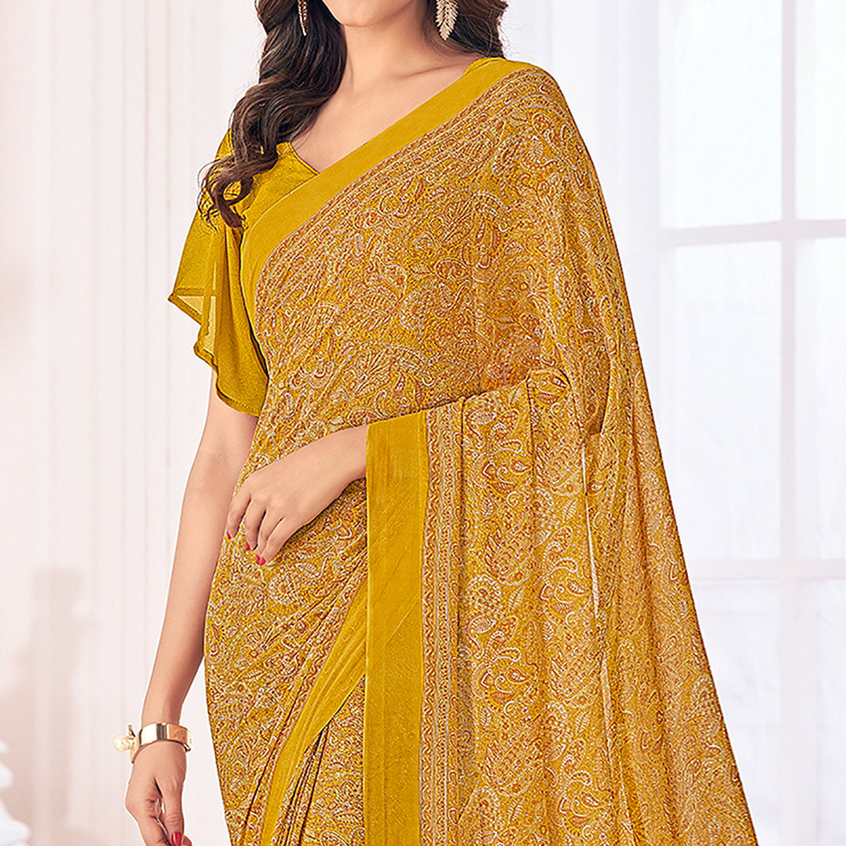 Mustard Printed Georgette Saree