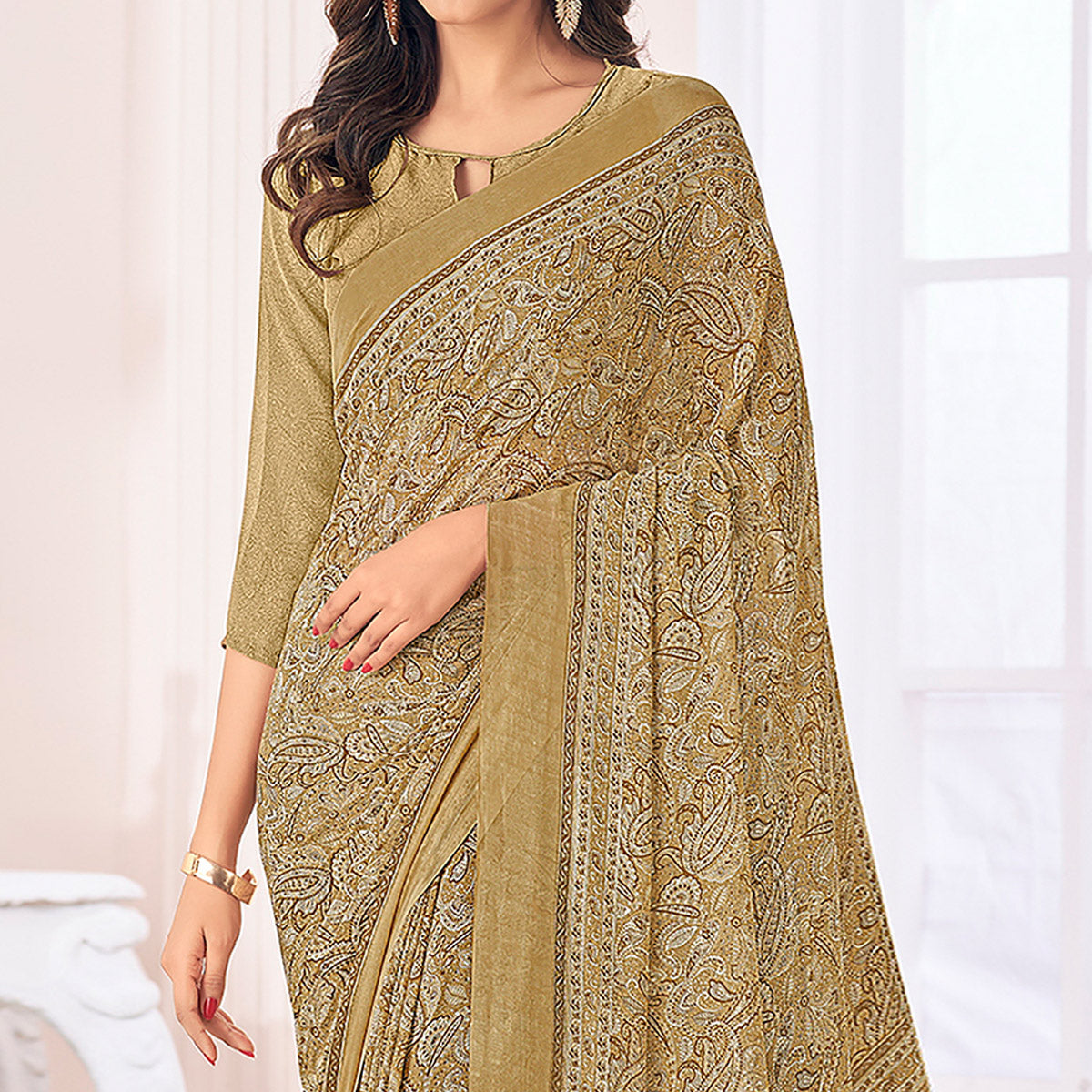 Olive Printed Georgette Saree