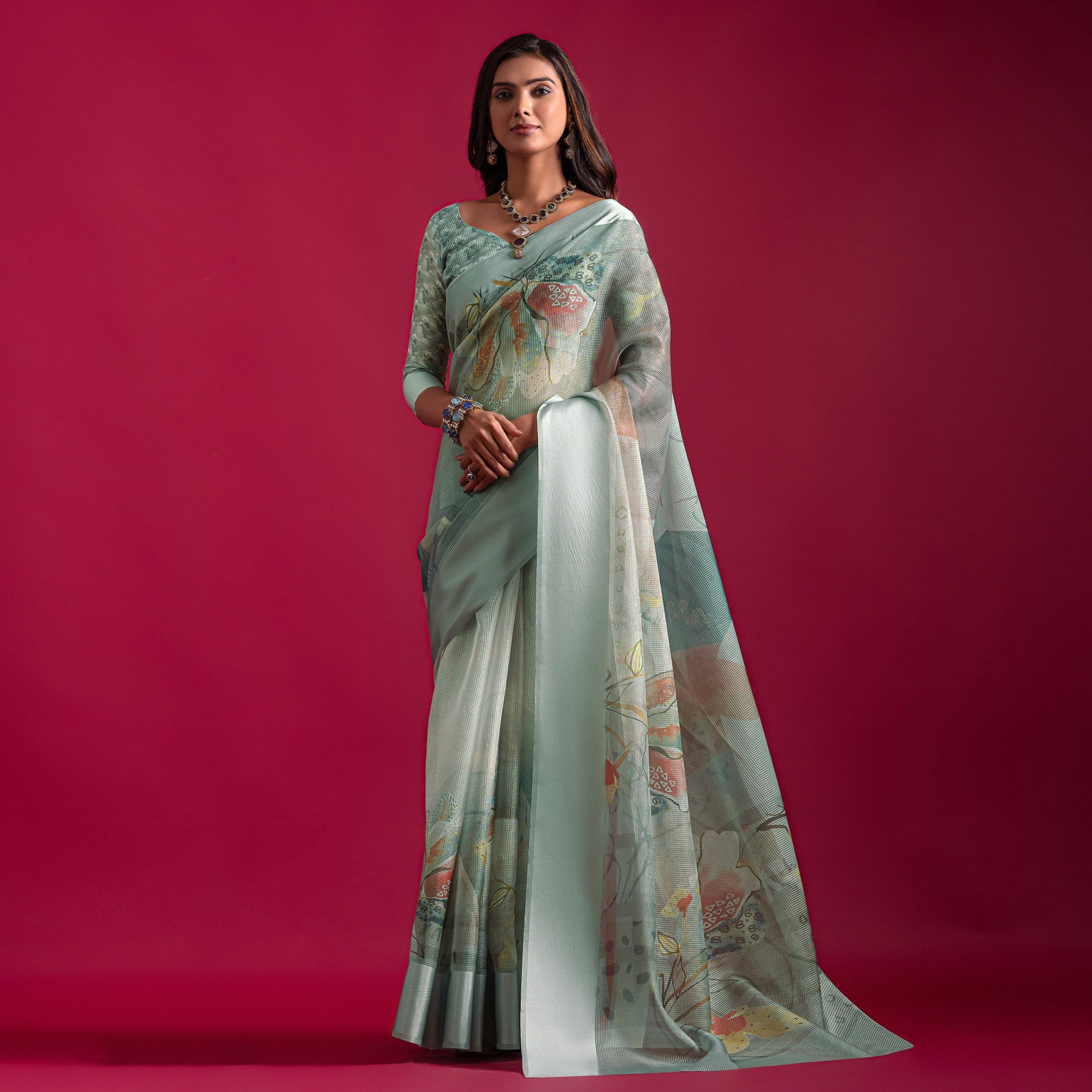 Grey Floral Digital Printed Linen Saree With Woven Border
