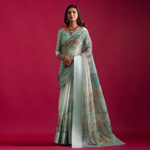 Grey Floral Digital Printed Linen Saree With Woven Border