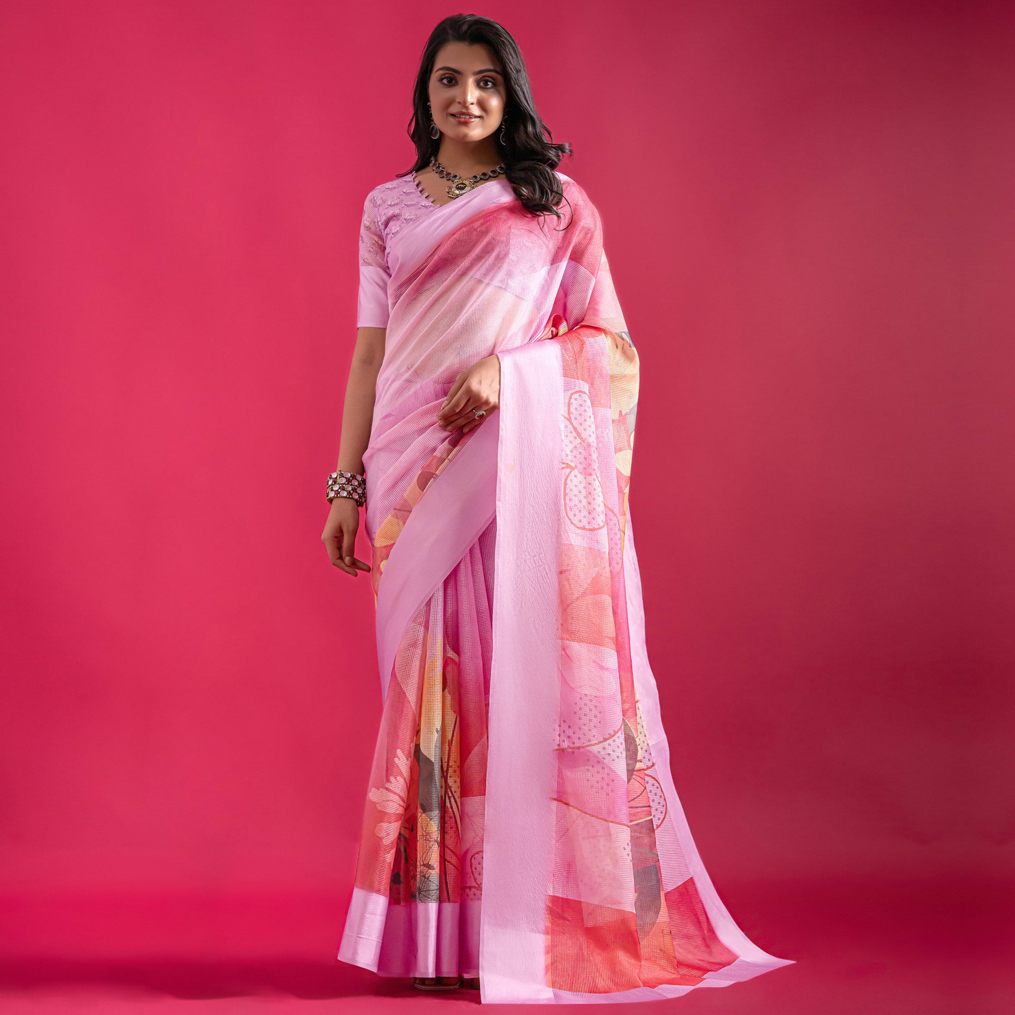 Pink Floral Digital Printed Linen Saree With Woven Border