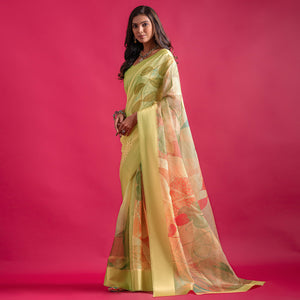 Yellow Floral Digital Printed Linen Saree With Woven Border