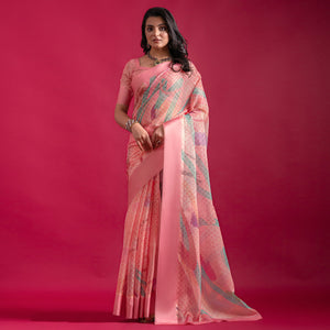 Pink Floral Digital Printed Linen Saree With Woven Border