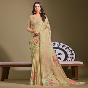 Beige Floral Digital Printed Tussar Silk Saree
