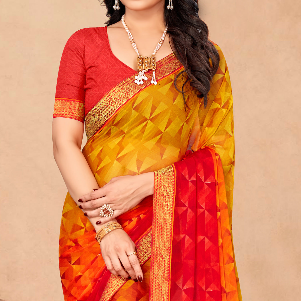 Red & Orange Geometric Printed Chiffon Saree