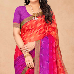 Red & Purple Geometric Printed Chiffon Saree