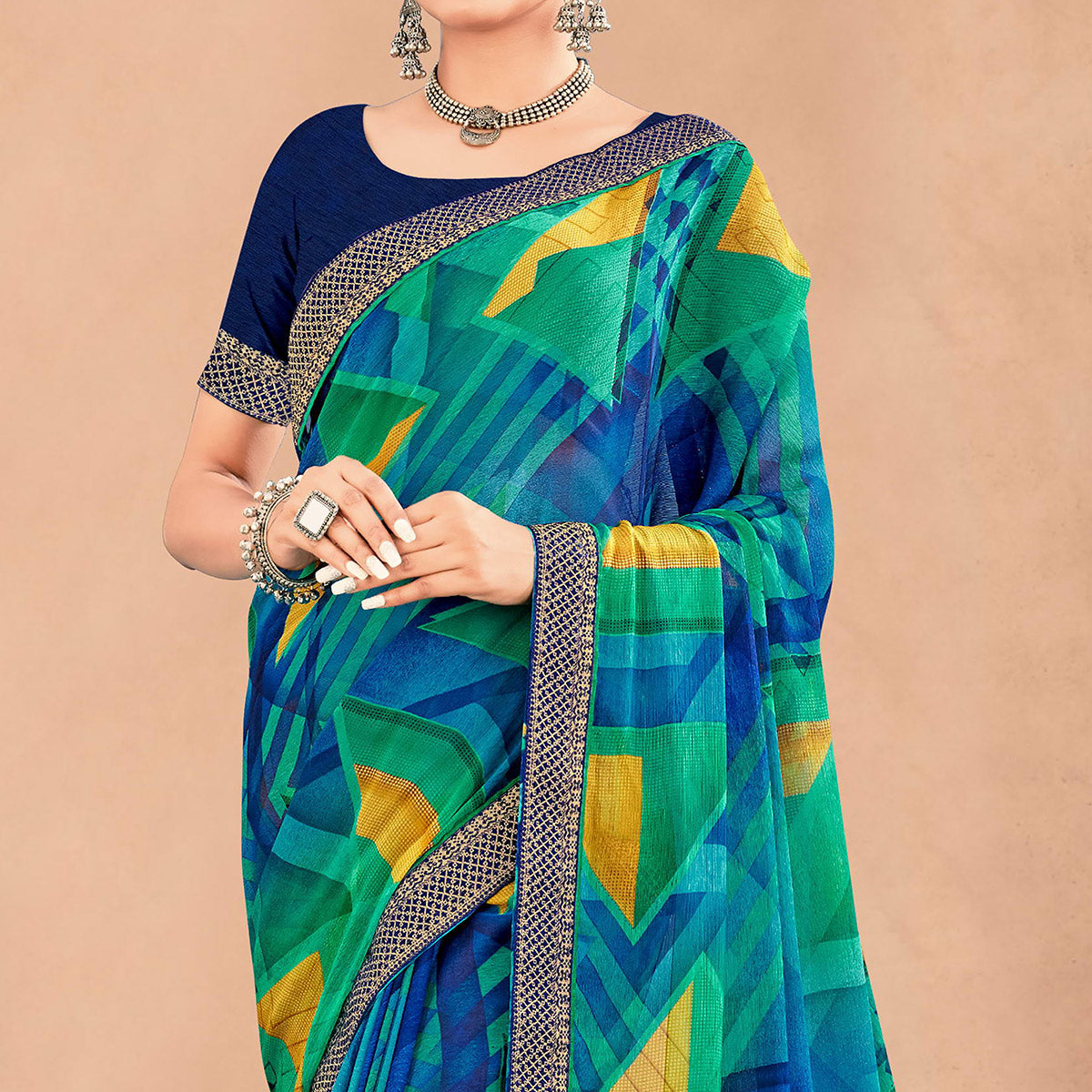 Green & Blue Geometric Printed Chiffon Saree