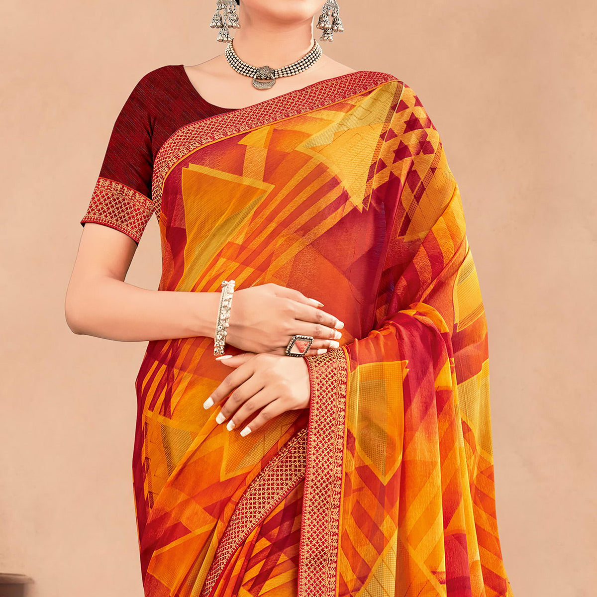 Yellow & Maroon Geometric Printed Chiffon Saree