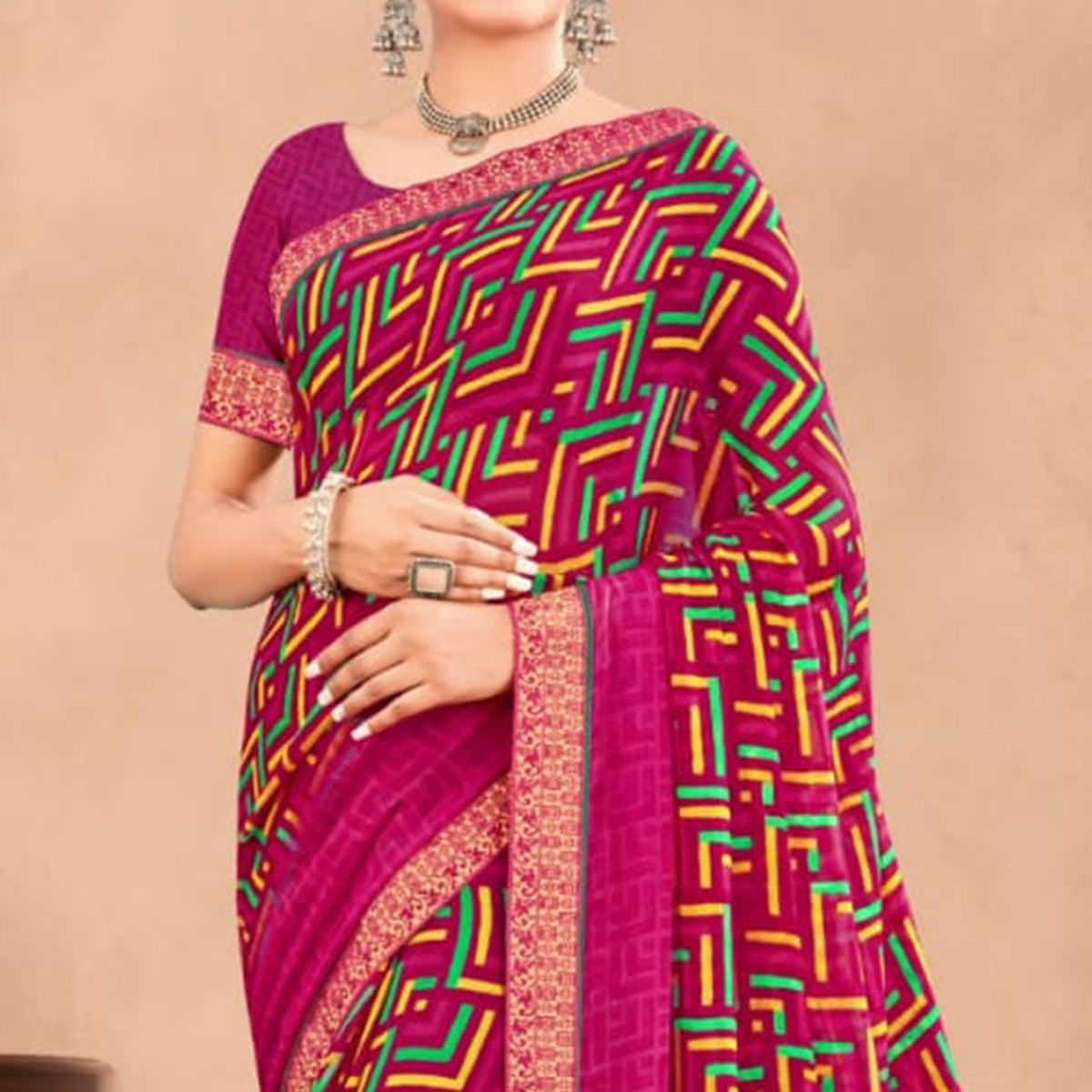 Rani Pink Geometric Printed Chiffon Saree