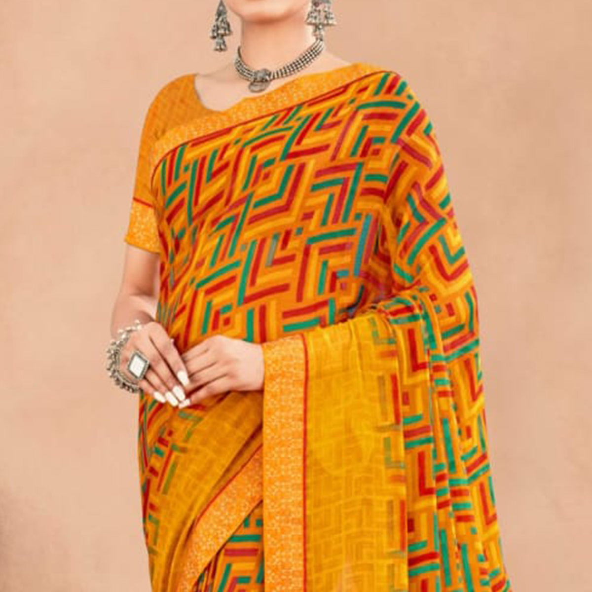 Mustard Geometric Printed Chiffon Saree