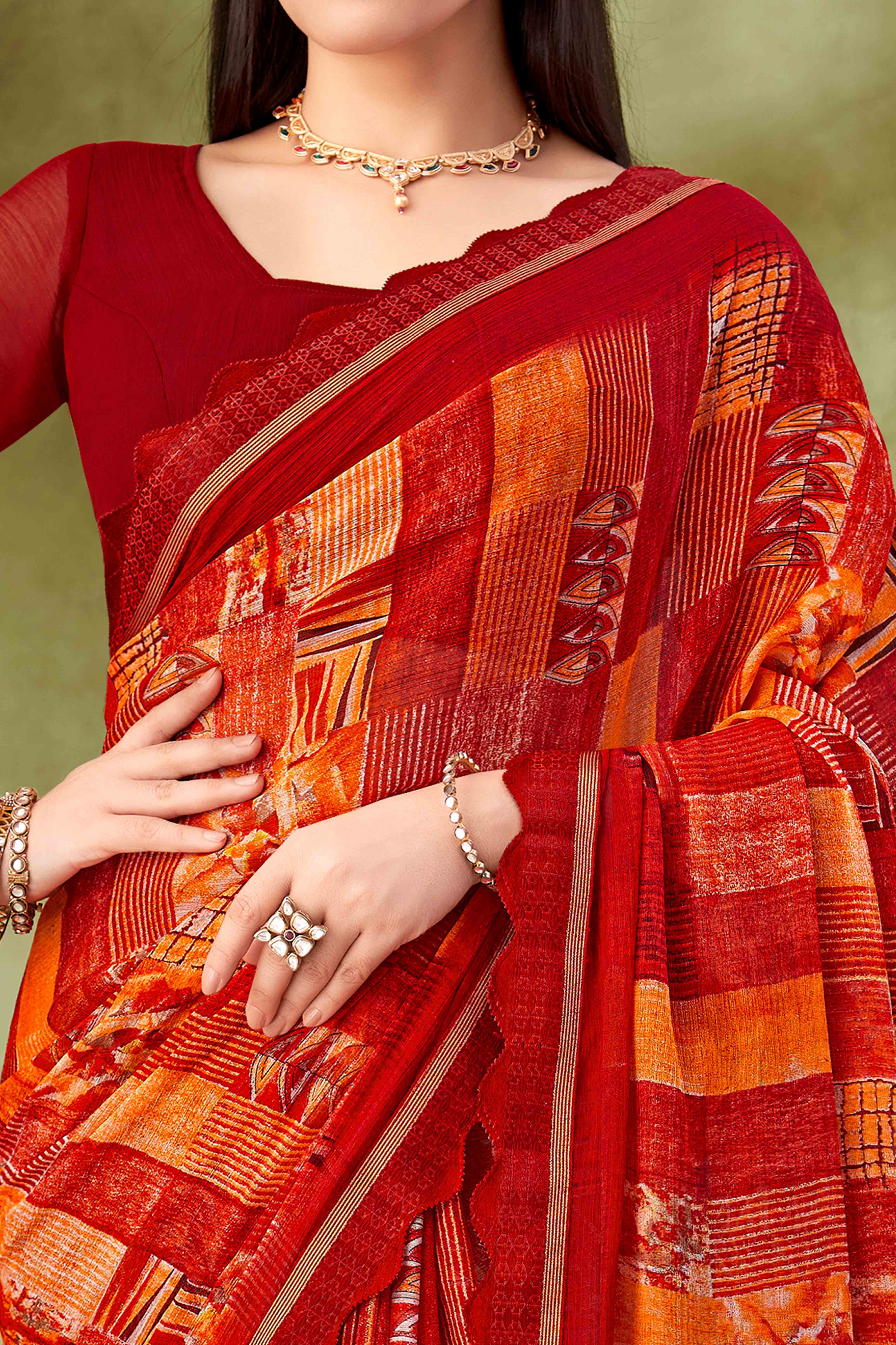 Maroon Digital Printed Chiffon Saree Accented With Elegant Lace Border