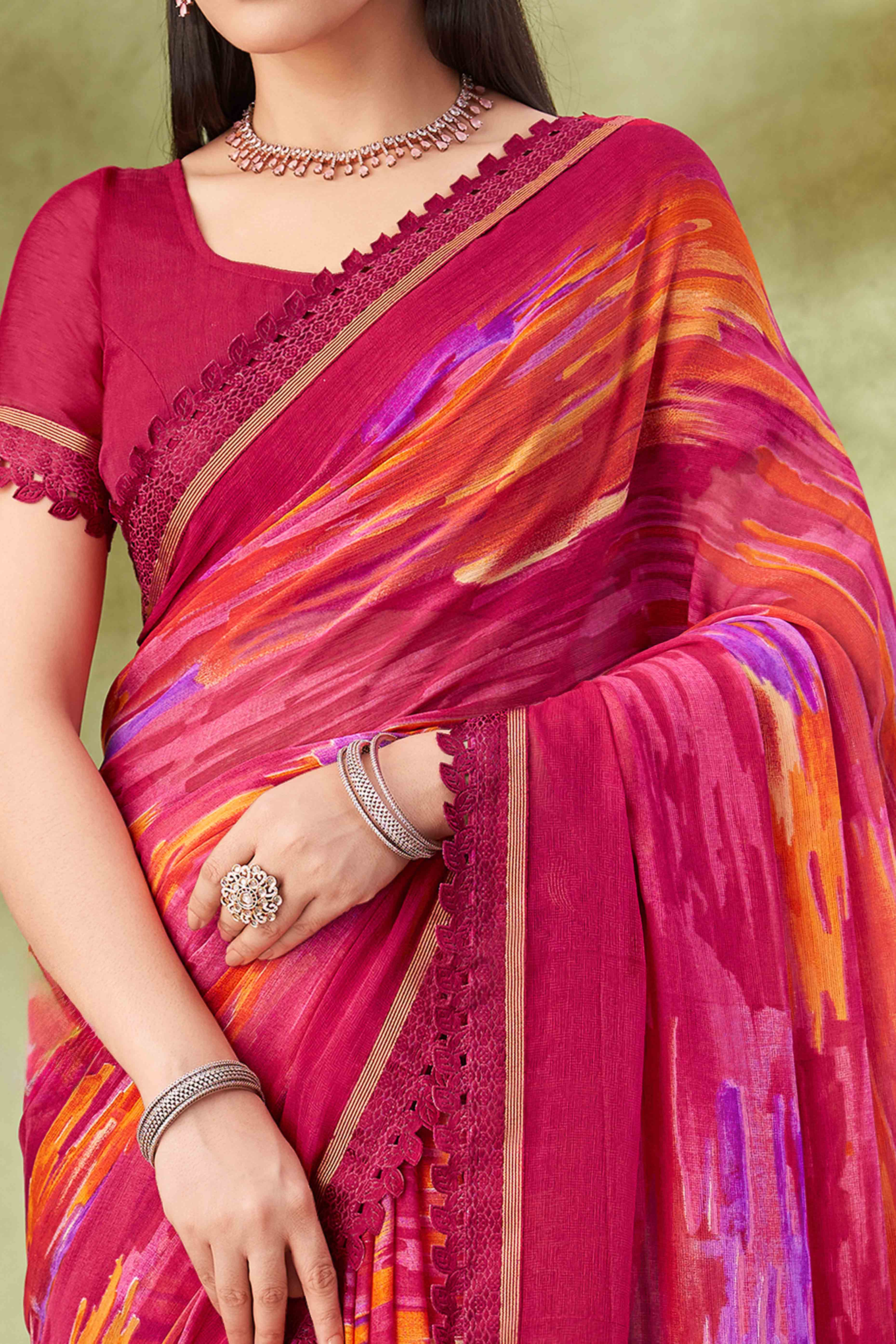 Magenta Digital Printed Chiffon Saree Accented With Elegant Lace Border